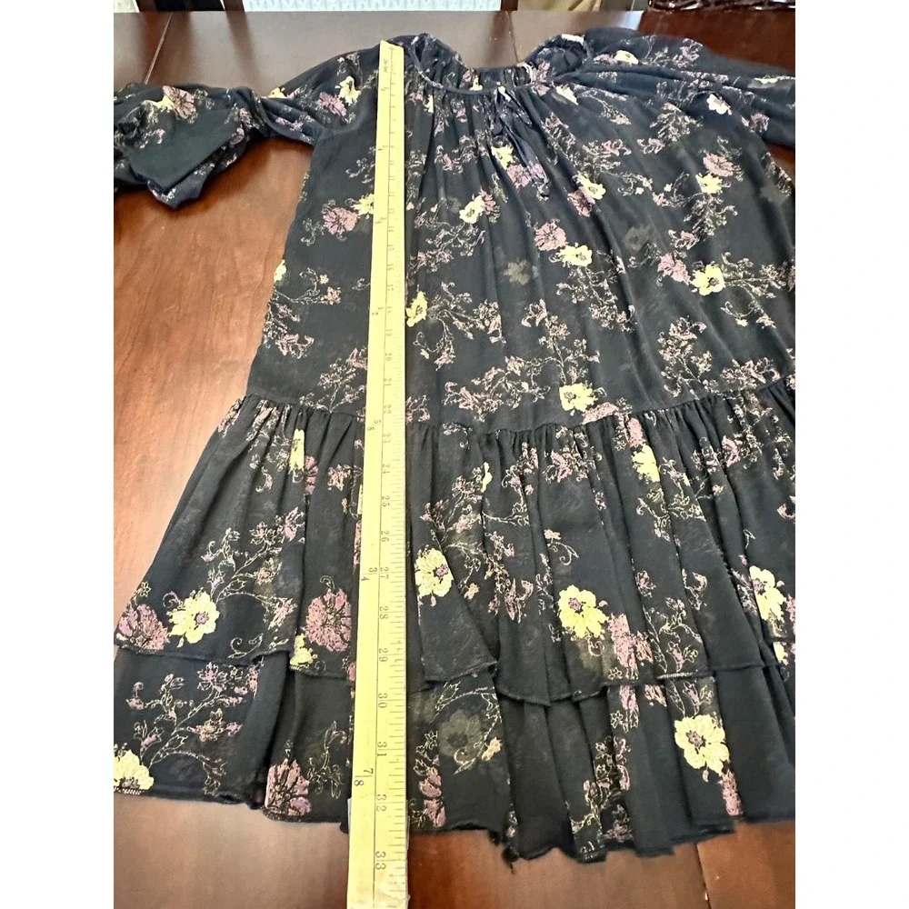 Free People Black Floral Sheer Bell Sleeve Ruffle Tiered Mini Dress Womens Small